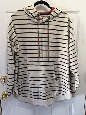 Maurices Cream and Black Striped Pullover Hoodie with Plaid Drawstring Accents
